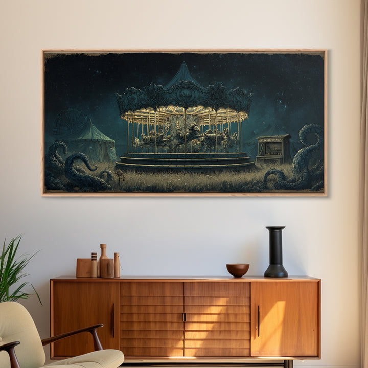 The Carousel Of Sleeping Planets, Wide Panoramic Art, Lovecraftian Horror Art, Canvas Print, Halloween Wall Decor, Gothic Home Decor