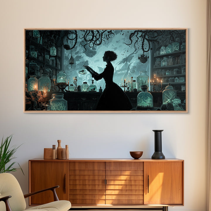 The Apothecary Of Black Seashell Dreams, Wide Panoramic Art, Cosmic Horror Wall Art, Canvas Print, Halloween Wall Decor, Gothic Home Decor