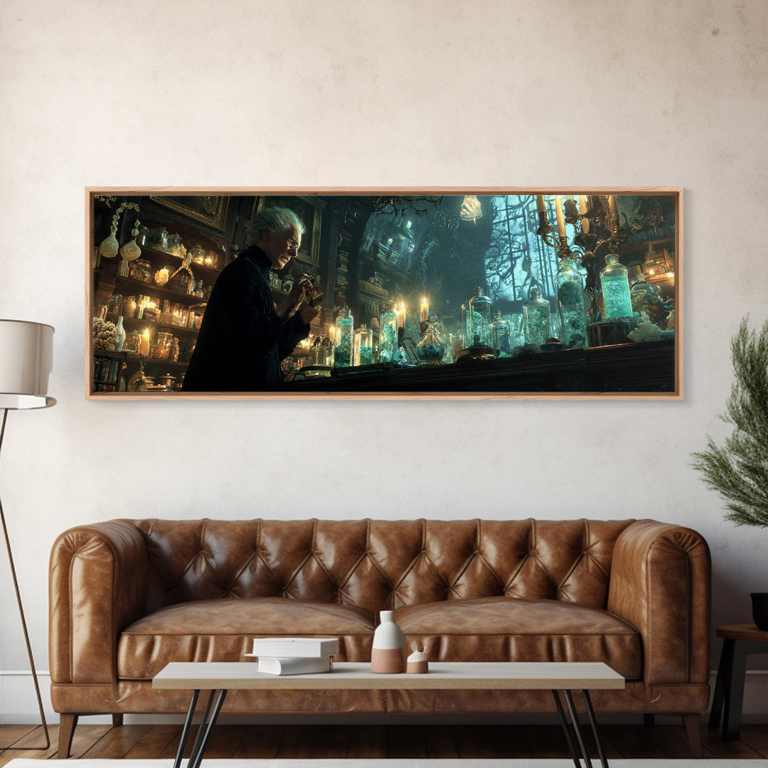The Apothecary Of Black Seashell Dreams, Extra Wide Wall Art, Haunted Gothic Art, Framed Canvas Print, Halloween Wall Decor
