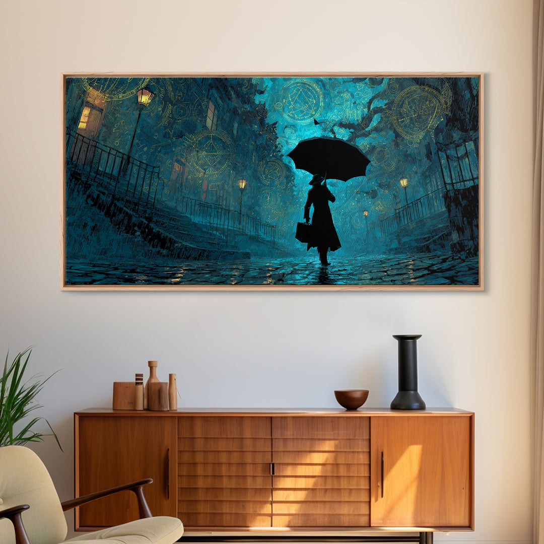 The Umbrella Of The Outer Rain, Wide Panoramic Art, Haunted Gothic Art, Framed Canvas Print, Halloween Wall Decor, Gothic Home Decor