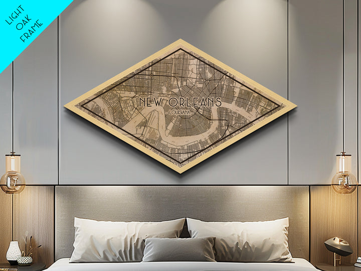 New Orleans Diamond Shaped City Map, Custom Diamond Shaped Wall Art, City Map Canvas