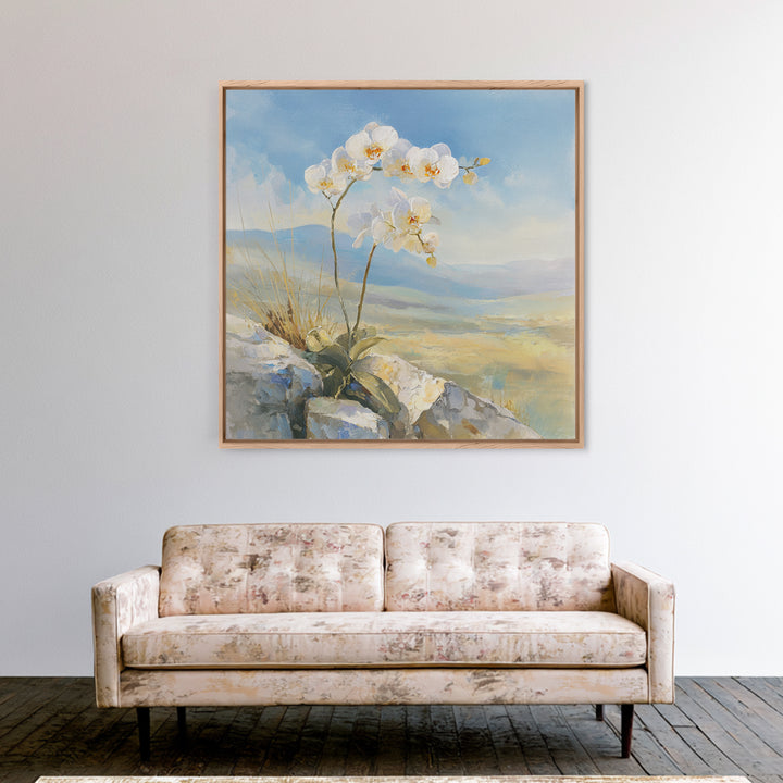 White Orchid on Stone Background Framed Canvas Print, Dental Office Art, Printable Wall Art, Office Decor, Fine Art, Calm, DOA-1x1-12