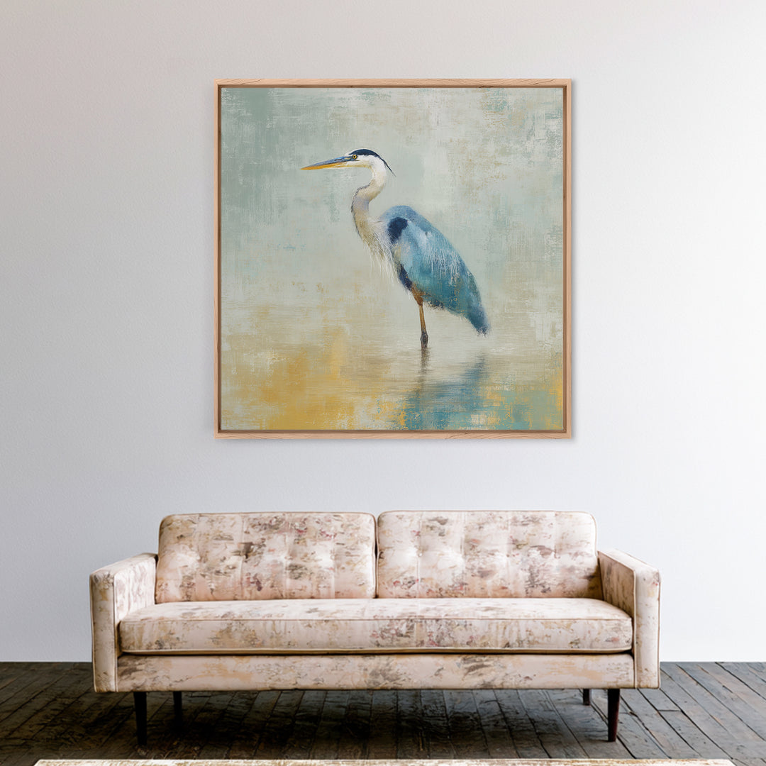 Blue Heron by Calm Marsh Water Framed Canvas Print, Dental Office Art, Motivational Poster, Office Decor, Fine Art, Calm, DOA-1x1-47