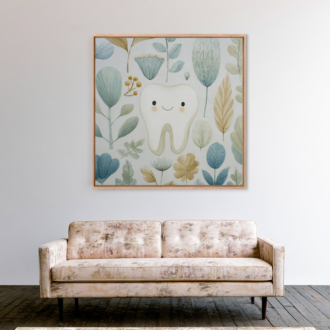 Playful Tooth Shaped Character Framed Canvas Print, Dental Office Art, Dental Wall Art, Office Decor, Abstract Art, Calm, DOA-1x1-6