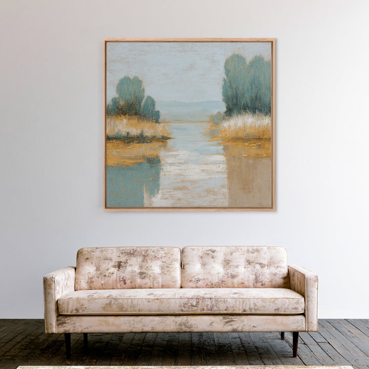 Sunlit Lake with Calming Reflections Framed Canvas Print, Dental Office Art, Dental Gift, Office Decor, Oil Painting, Calm, DOA-1x1-63