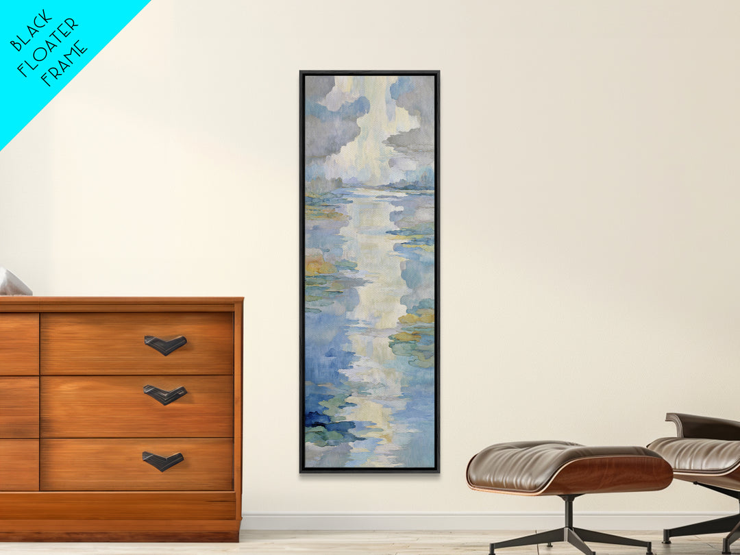 Sunlit Lake with Calming Reflections Framed Canvas Print, Dental Office Art, Wall Art, Office Decor, Oil Painting, Calm, DOA-1x3-75