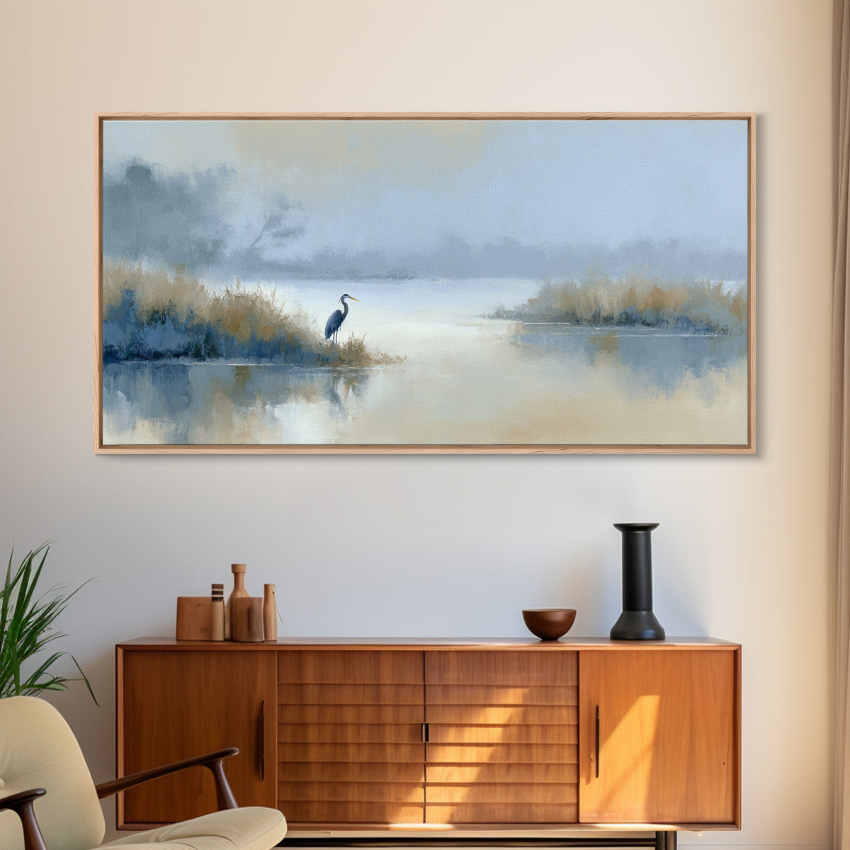 Blue Heron by Calm Marsh Water Framed Canvas Print, Dental Office Art, Tooth Art, Office Decor, Fine Art, Calm, Modern Decor, DOA-2x1-19
