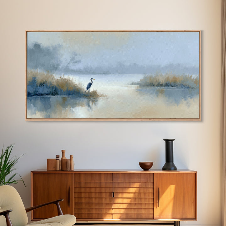 Blue Heron by Calm Marsh Water Framed Canvas Print, Dental Office Art, Tooth Art, Office Decor, Fine Art, Calm, Modern Decor, DOA-2x1-19