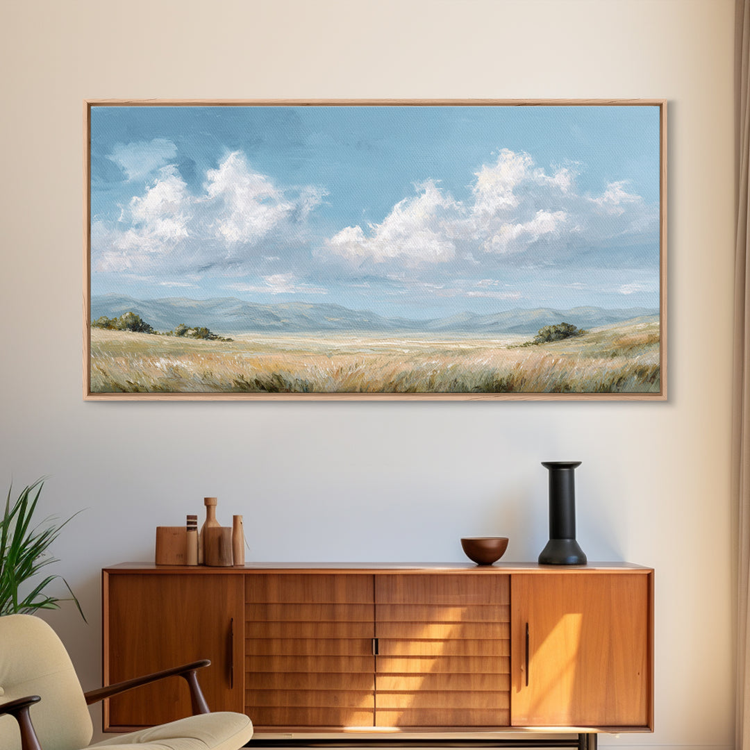 Peaceful Clouds over Open Meadow Framed Canvas Print, Dental Office Art, Modern Decor, Office Decor, Fine Art, Calm, Poster, DOA-2x1-29