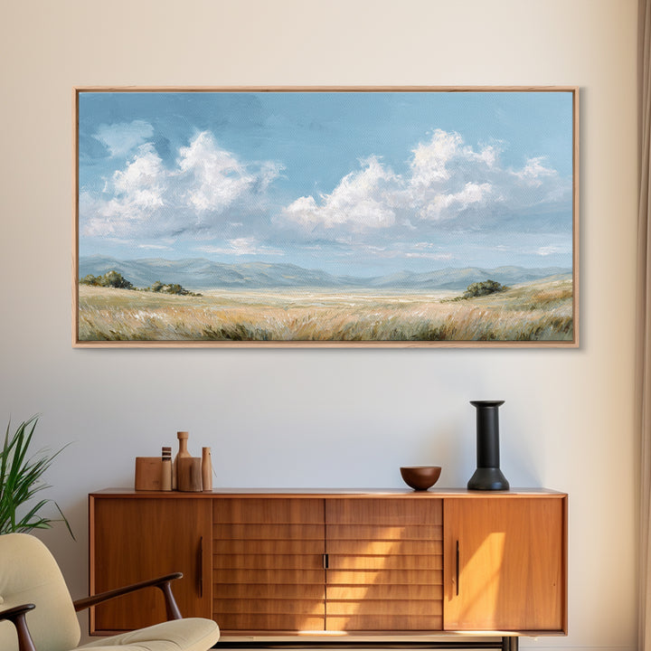 Peaceful Clouds over Open Meadow Framed Canvas Print, Dental Office Art, Modern Decor, Office Decor, Fine Art, Calm, Poster, DOA-2x1-29
