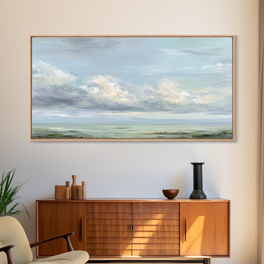 Peaceful Clouds over Open Meadow Framed Canvas Print, Dental Office Art, Modern Decor, Office Decor, Fine Art, Calm, Poster, DOA-2x1-5