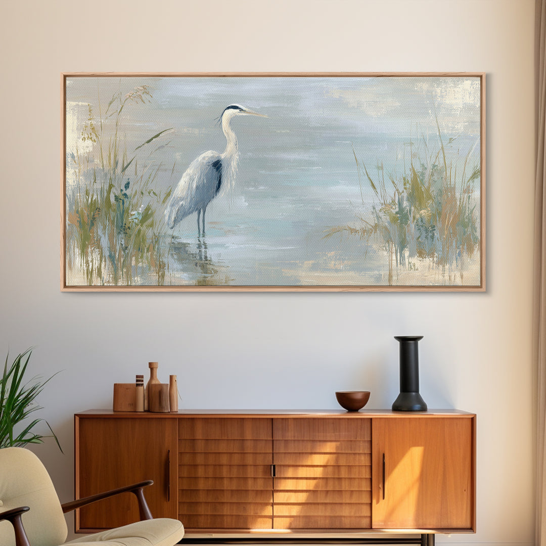 Blue Heron by Calm Marsh Water Framed Canvas Print, Dental Office Art, Tooth Art, Office Decor, Fine Art, Calm, Modern Decor, DOA-2x1-67