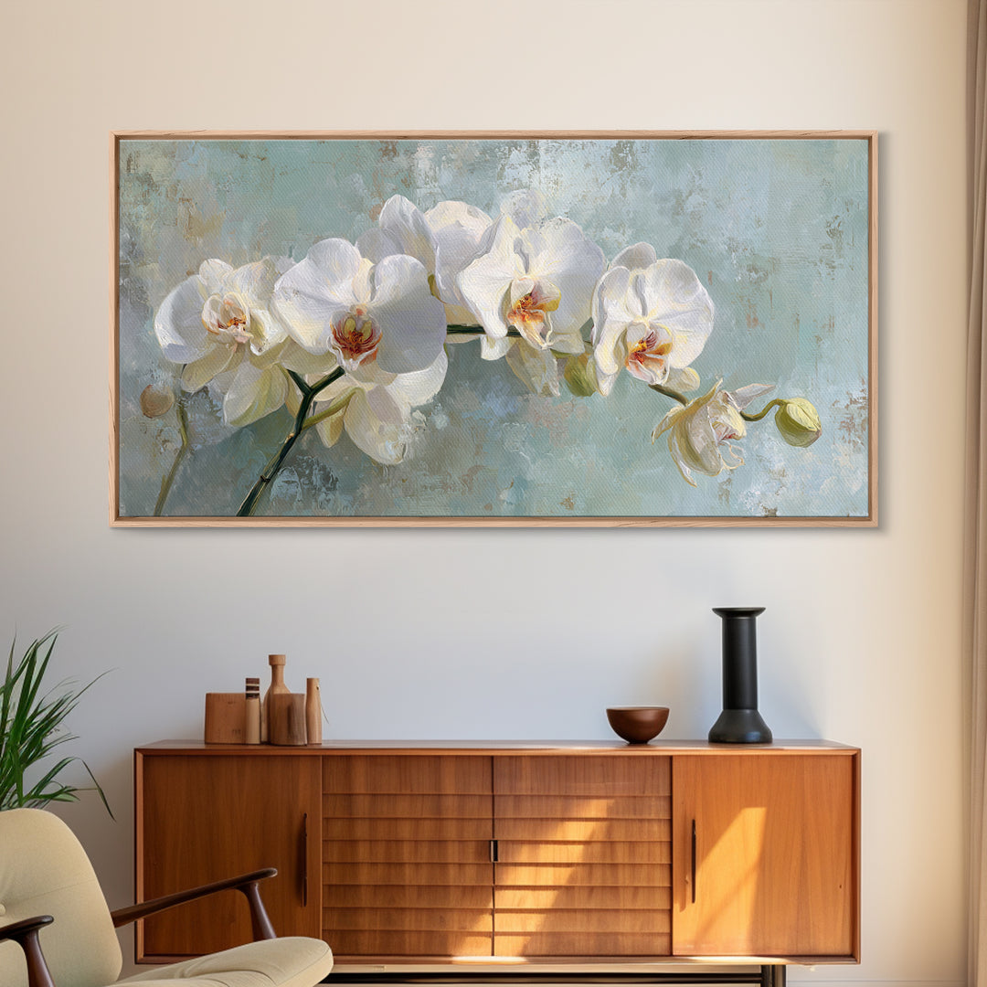 White Orchid on Stone Background Framed Canvas Print, Dental Office Art, Digital Artwork, Office Decor, Fine Art, Calm, DOA-2x1-80