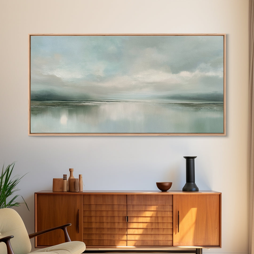 Sunlit Lake with Calming Reflections Framed Canvas Print, Dental Office Art, Boho Decor, Office Decor, Oil Painting, Calm, DOA-2x1-83