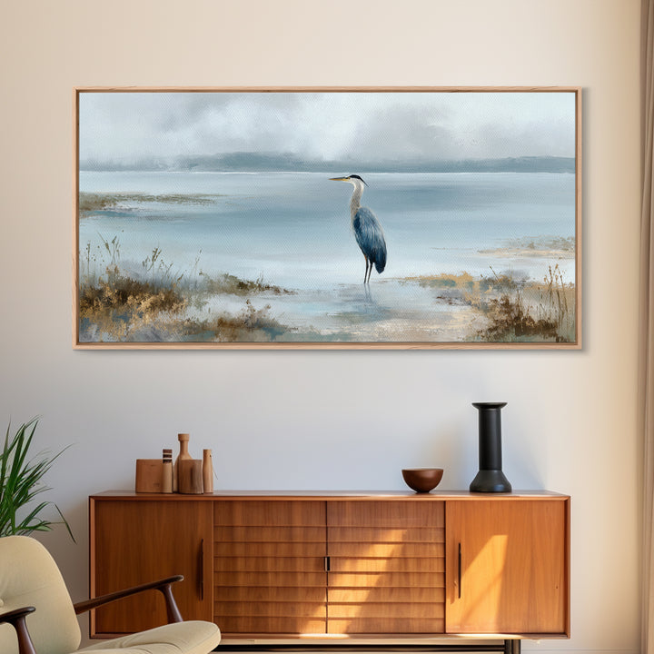 Blue Heron by Calm Marsh Water Framed Canvas Print, Dental Office Art, Contemporary Art, Office Decor, Fine Art, Calm, DOA-2x1-91