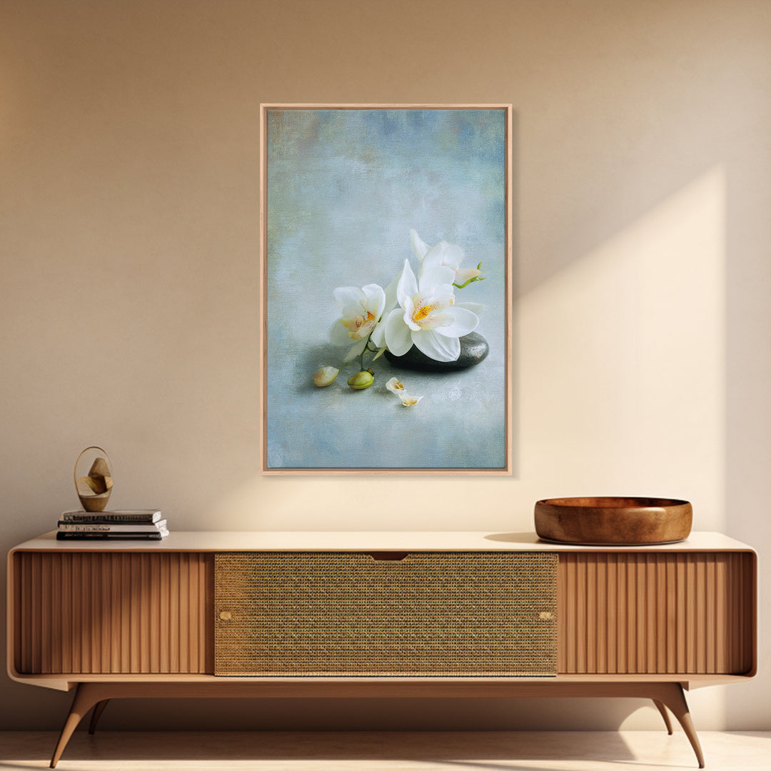 White Orchid on Stone Background Framed Canvas Print, Dental Office Art, Modern Decor, Office Decor, Oil Painting, Calm, DOA-2x3-20