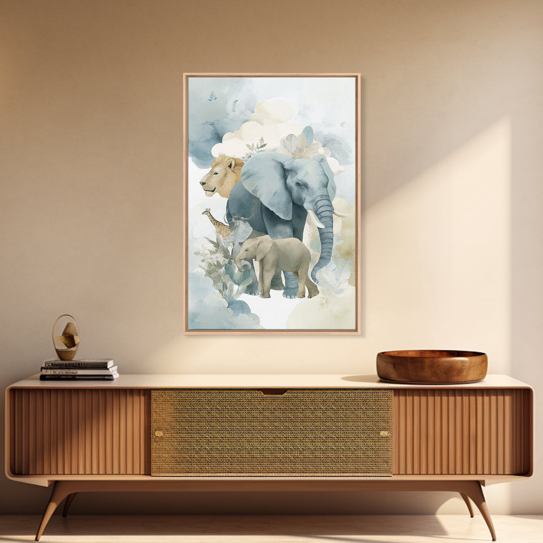 Happy Jungle Animals Framed Canvas Print, Dental Office Art, Textured Painting, Office Decor, Calm, Room Decor Aesthetic, DOA-2x3-94