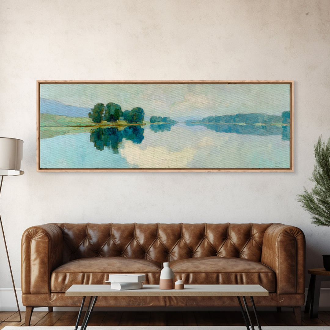Sunlit Lake with Calming Reflections Framed Canvas Print, Dental Office Art, Boho Decor, Office Decor, Oil Painting, Calm, DOA-3x1-55