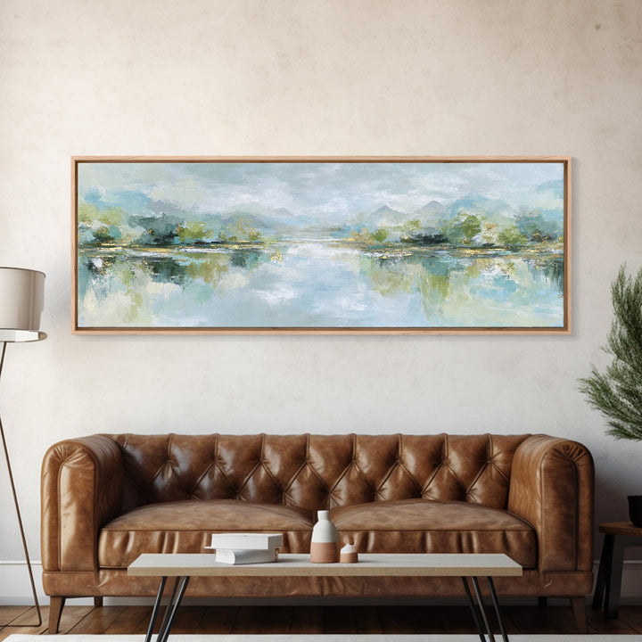 Sunlit Lake with Calming Reflections Framed Canvas Print, Dental Office Art, Dental Gift, Office Decor, Watercolor Art, Calm, DOA-3x1-7