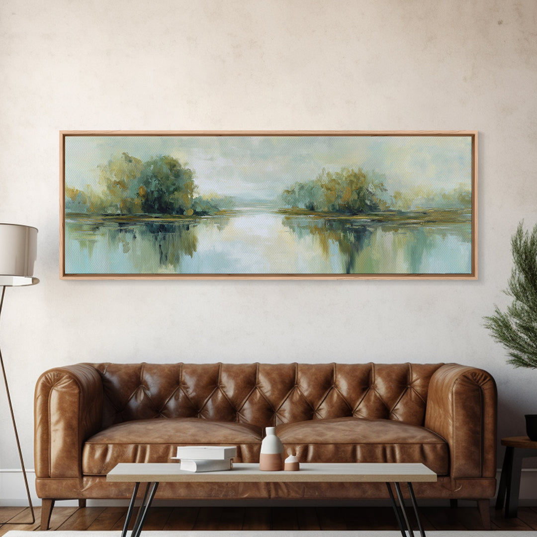 Sunlit Lake with Calming Reflections Framed Canvas Print, Dental Office Art, Printable Wall Art, Office Decor, Fine Art, Calm, DOA-3x1-79