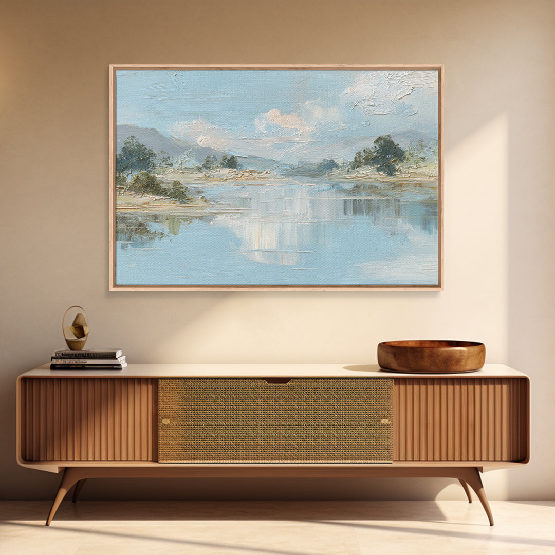 Sunlit Lake with Calming Reflections Framed Canvas Print, Dental Office Art, Wall Art, Office Decor, Watercolor Art, Calm, DOA-3x2-19