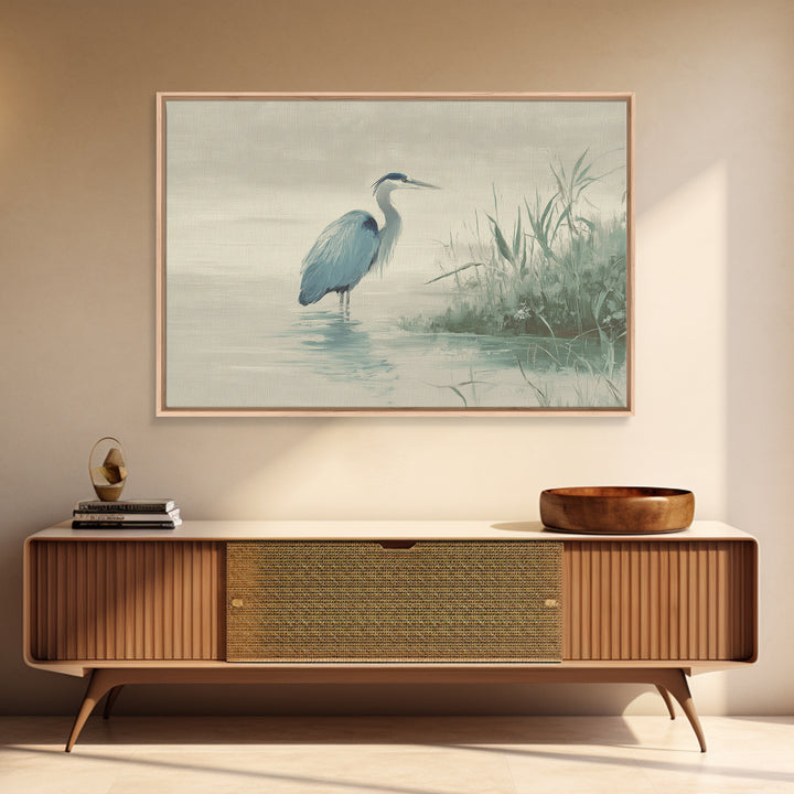 Blue Heron by Calm Marsh Water Framed Canvas Print, Dental Office Art, Textured Painting, Office Decor, Fine Art, Calm, DOA-3x2-27