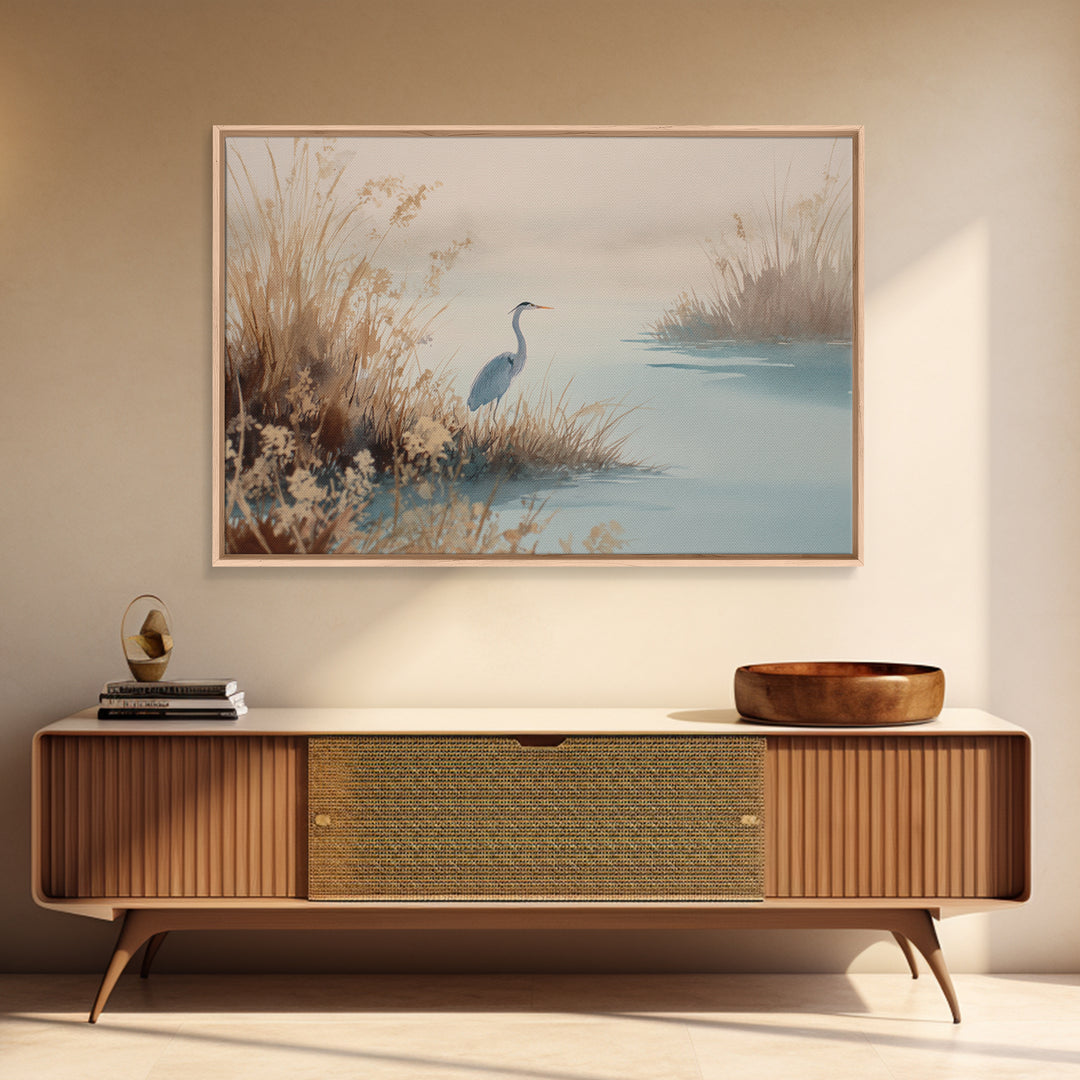 Blue Heron by Calm Marsh Water Canvas Print, Dental Office Art, Statement Artwork, Office Decor, Fine Art, Calm, DOA-3x2-3