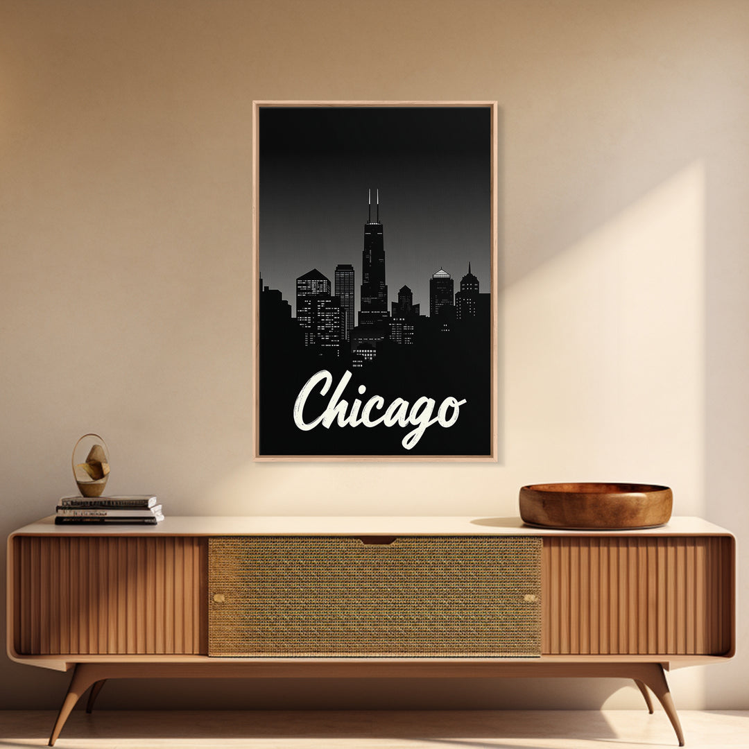 Chicago Travel Poster, Framed Canvas Print, Black And White Travel Art, Chicago City Art, City Illustration, Living Room Wall Art