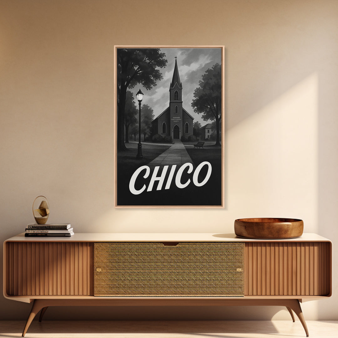 Chico Travel Poster, Canvas Print, Dark Moody City Wall Art, Chico Travel Art, City Travel Prints, Eclectic Wall Decor, Travel Wall Art