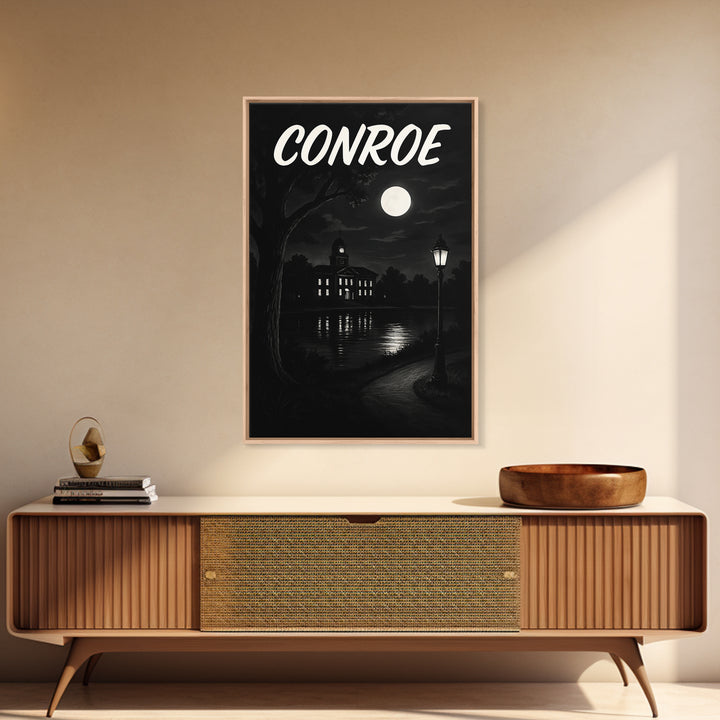 Conroe Travel Poster, Canvas Print, Dark Moody City Wall Art, Conroe Travel Art, Travel Art Print, City Illustration, Vintage Travel Print