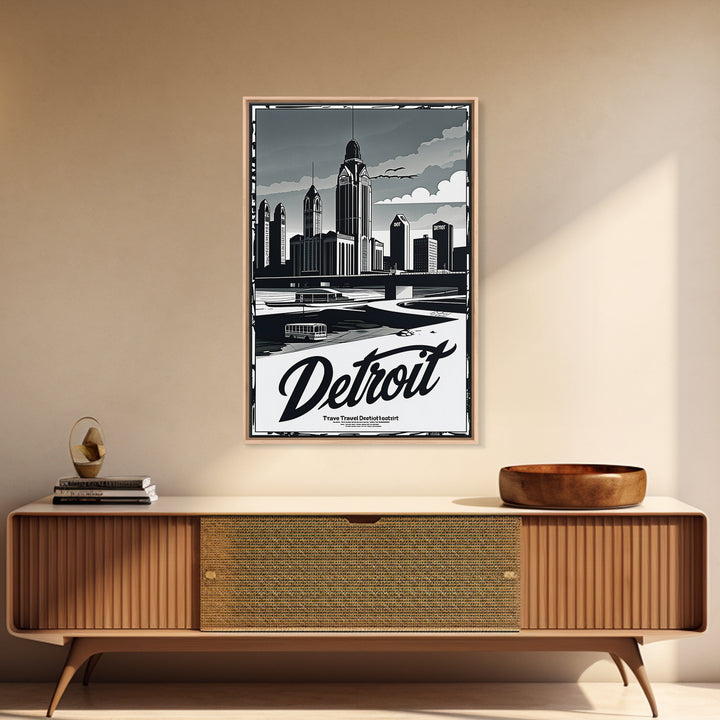 Detroit Travel Poster, Canvas Print, Dark Moody City Wall Art, Detroit Travel Art, Home Office Decor, Modern Wall Decor, Gift For Travelers