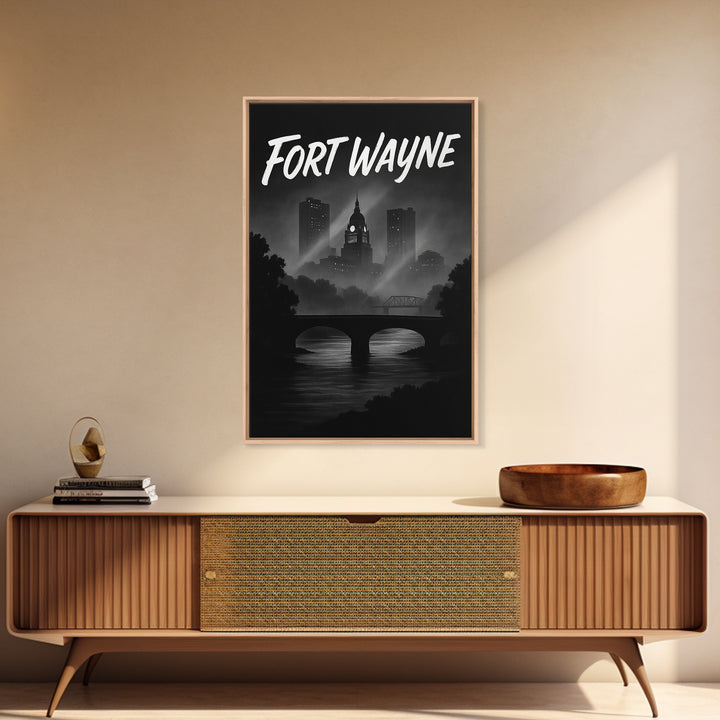 Fort Wayne Indiana Travel Poster, Canvas Print, Night Street Poster Art, Fort Wayne Wall Art, Retro Travel Print, Watercolor Urban Skyline