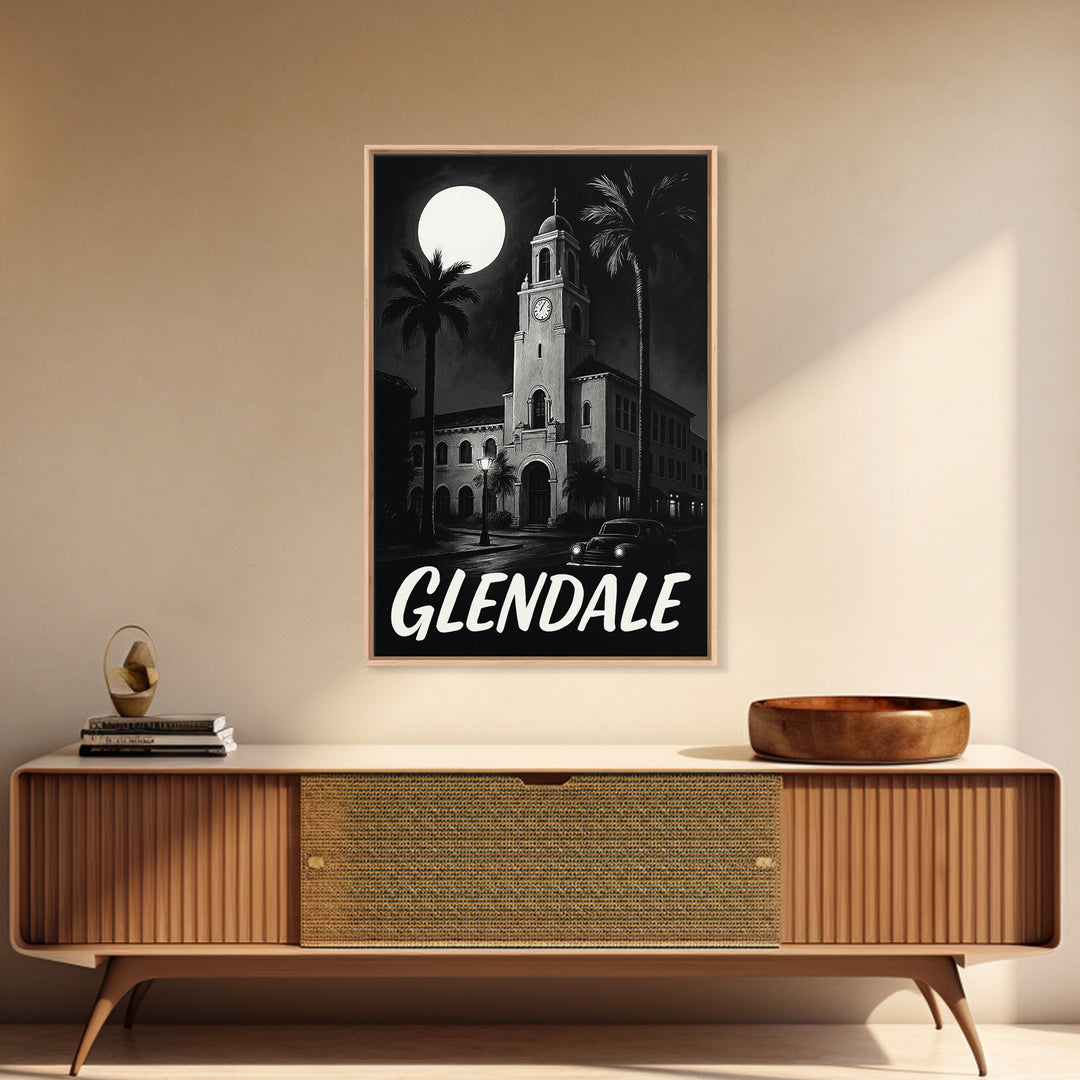 Glendale Travel Poster, Framed Canvas Print, Night Street Poster Art, Glendale City Art, Wanderlust Decor, Travel Wall Decor, Design 4