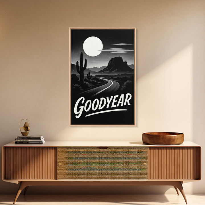 Goodyear Travel Poster, Framed Canvas Print, Vintage Noir Poster Art, Goodyear Travel Art, Living Room Wall Art, Mid Century Wall Art
