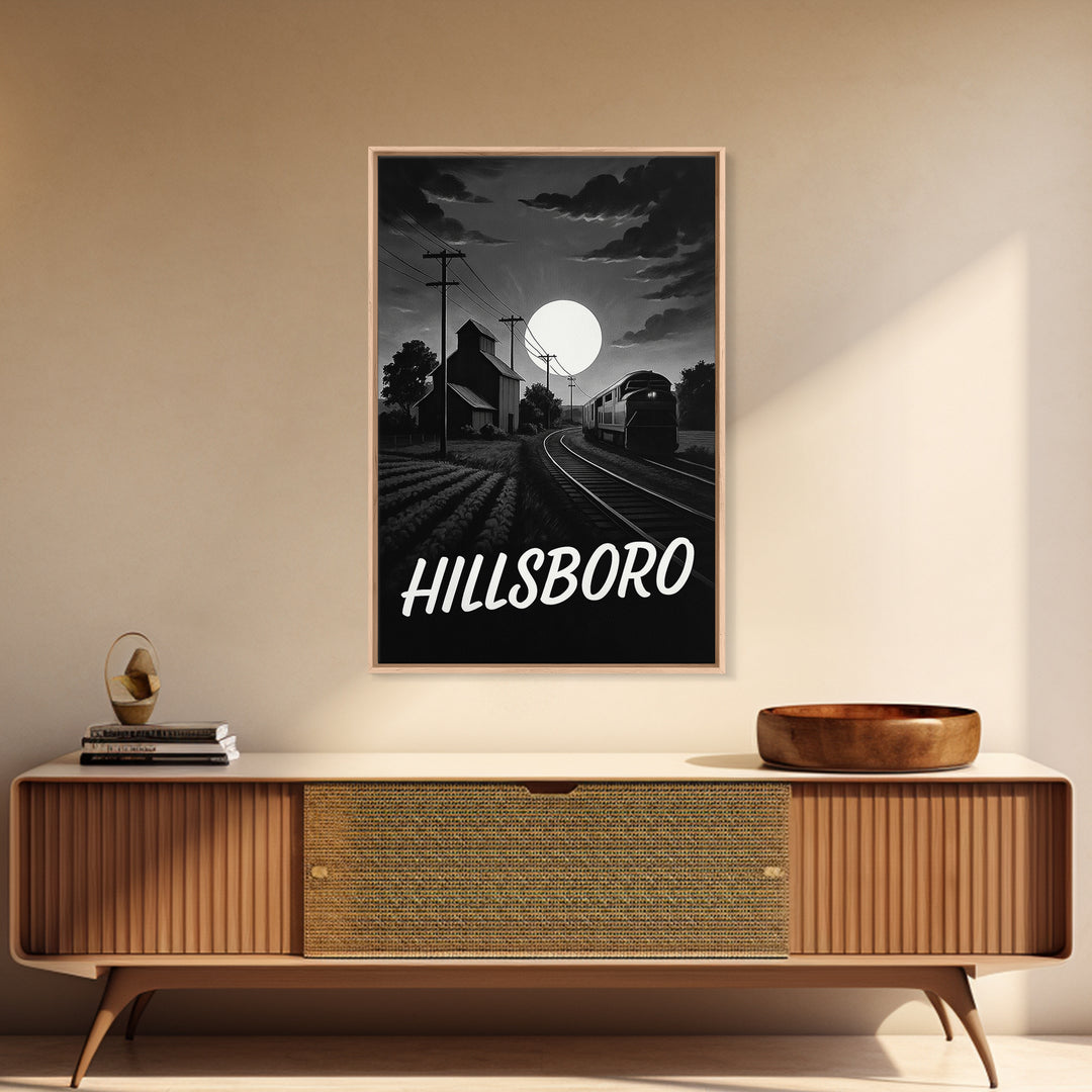 Hillsboro Travel Poster, Canvas Print, Dark Moody City Wall Art, Hillsboro Art Print, Living Room Wall Art, Vintage Travel Art