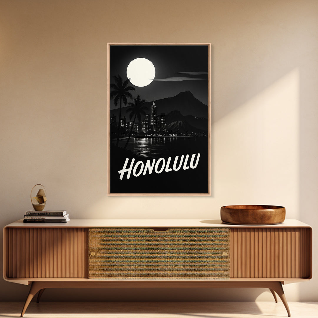 Honolulu Hawaii Travel Poster, Framed Canvas Print, Night Street Poster Art, Honolulu Travel Art, Home Office Decor, Modern Wall Decor