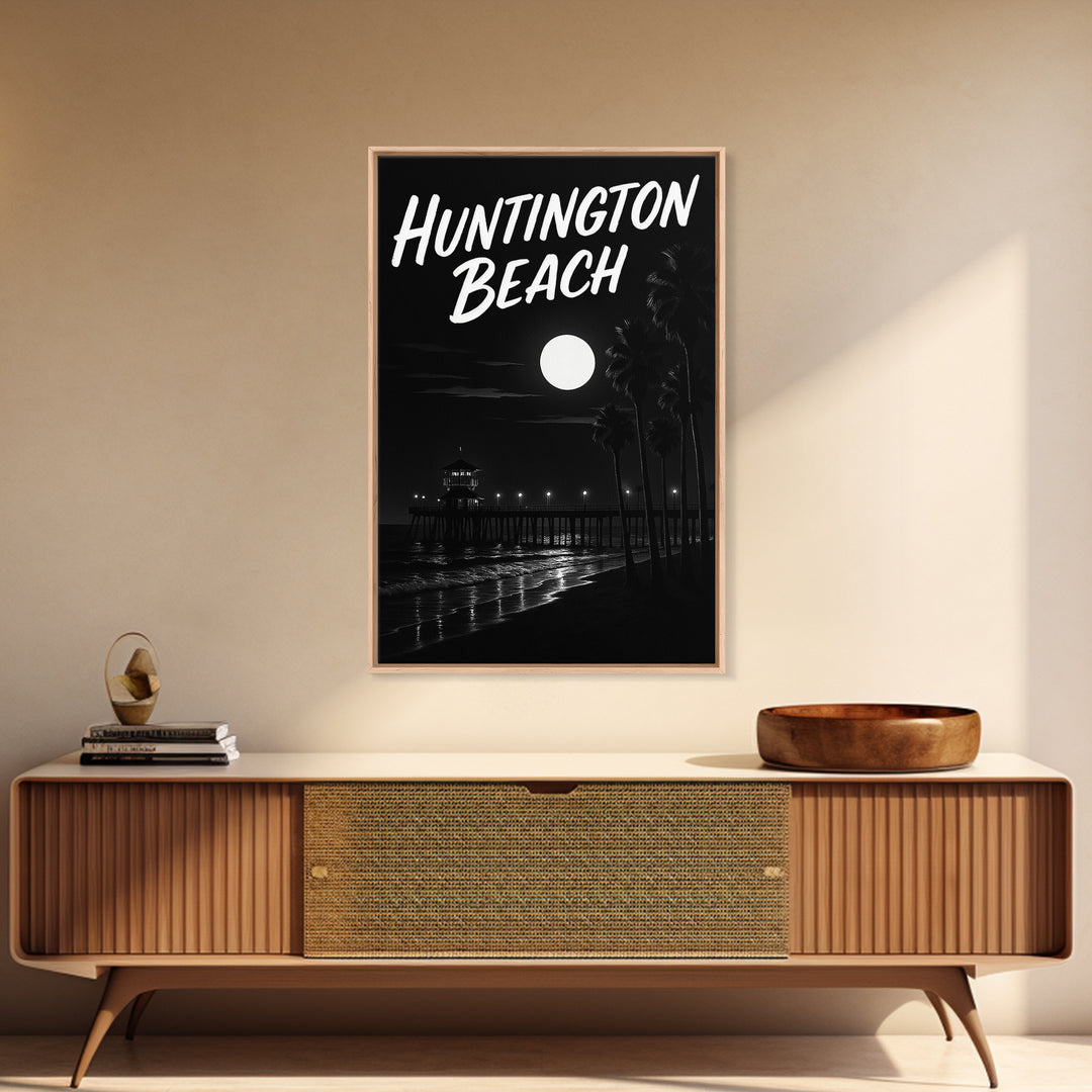Huntington Beach Travel Poster, Canvas Print, Night Street Poster Art, Huntington Beach Wall Art, Modern Wall Decor, Fine Art Print