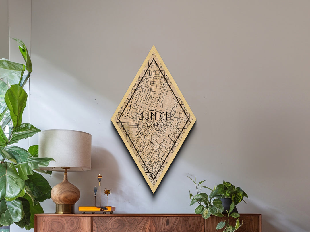 Munich - Germany Diamond Shaped Travel Poster, Custom Diamond Shaped Wall Art, City Map Canvas