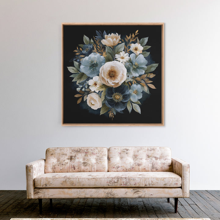 Moody Dark Background Bouquet for Formal Dining Framed Canvas Print, Dining Room Art, Kitchen Decor, Dining Room Decor, Dining, DRA-1x1-11