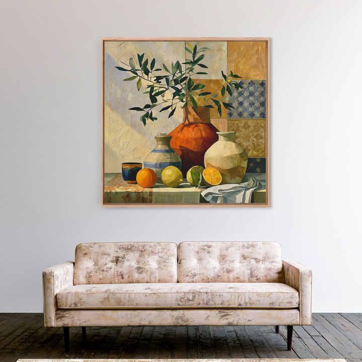 Mediterranean Olive Branch and Citrus Arrangement Framed Canvas Print, Dining Room Art, Print, Dining Room Decor, Oil Painting, DRA-1x1-12
