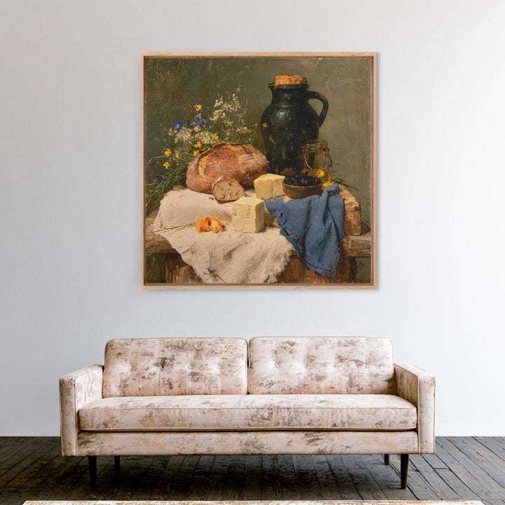 Rustic Bread Olives and Cheese Still Life Canvas Print, Dining Room Art, 3 Piece Wall Art, Dining Room Decor, Oil Painting, DRA-1x1-30