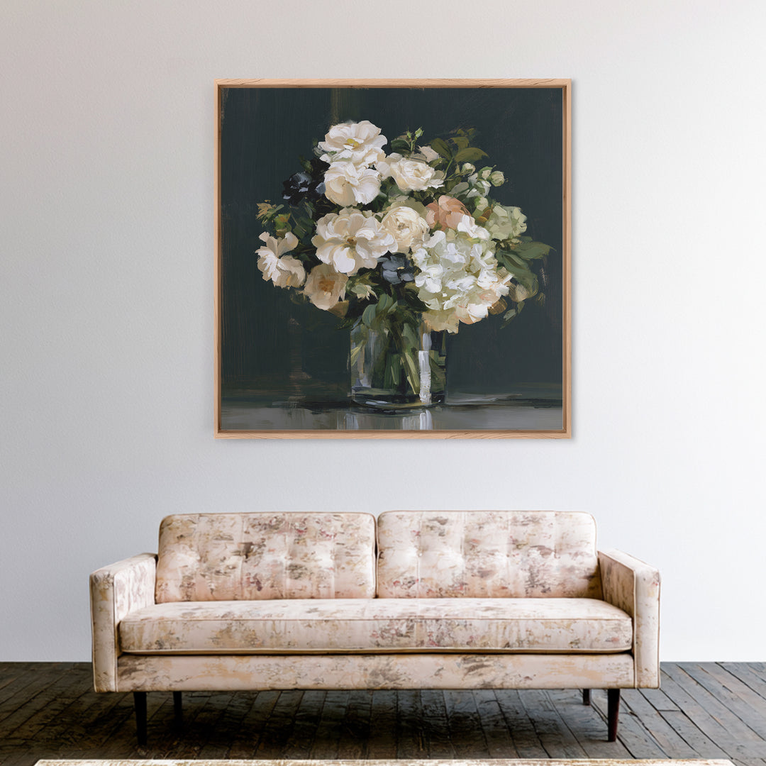 Moody Dark Background Bouquet for Formal Dining Canvas Print, Dining Room Art, Living Room Decor, Dining Room Decor, Dining, DRA-1x1-35