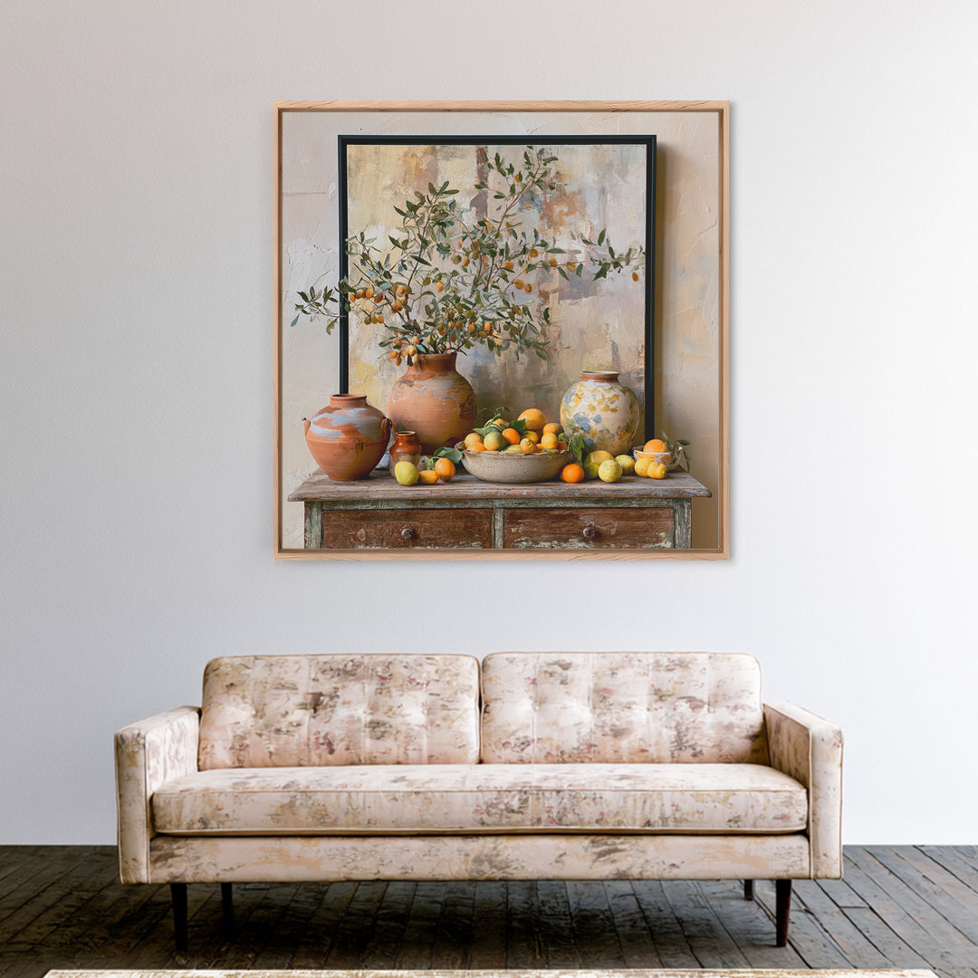 Mediterranean Olive Branch and Citrus Arrangement Canvas Print, Dining Room Art, Bedroom Decor, Dining Room Decor, Dining, DRA-1x1-36