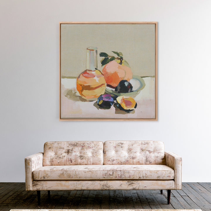 Peach and Plum Still Life Framed Canvas Print, Dining Room Art, Kitchen Wall Art, Dining Room Decor, Fine Art, Dining, DRA-1x1-44