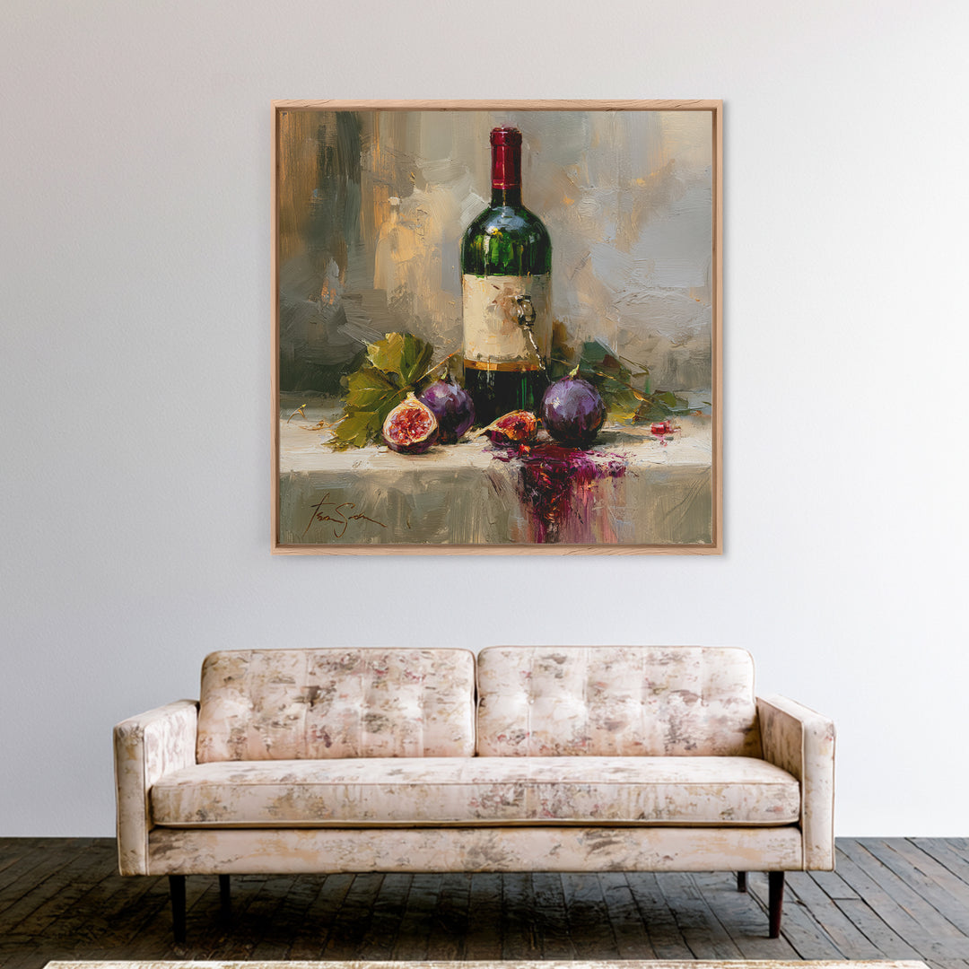 Wine Bottle and Figs on a Linen Framed Canvas Print, Dining Room Art, Coastal Wall Art, Dining Room Decor, Abstract Art, Dining, DRA-1x1-51
