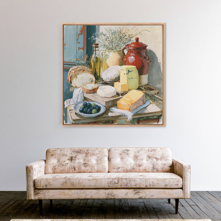 Rustic Bread Olives and Cheese Still Life Canvas Print, Dining Room Art, 3 Piece Wall Art, Dining Room Decor, Oil Painting, DRA-1x1-54