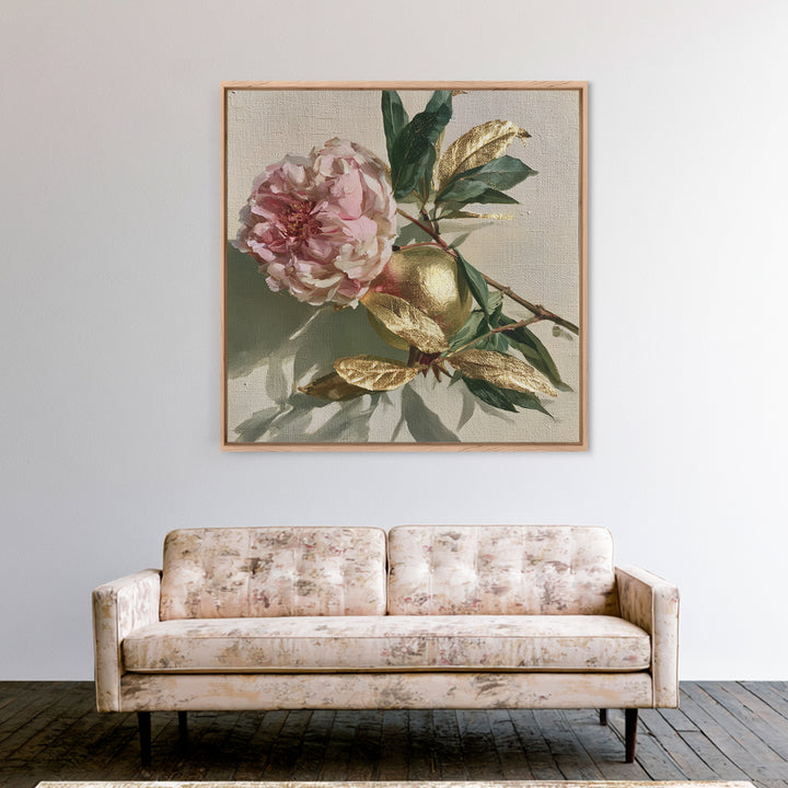 Pomegranate and Gold Leaf Botanical Study Framed Canvas Print, Dining Room Art, Bedroom Decor, Dining Room Decor, Dining, DRA-1x1-56