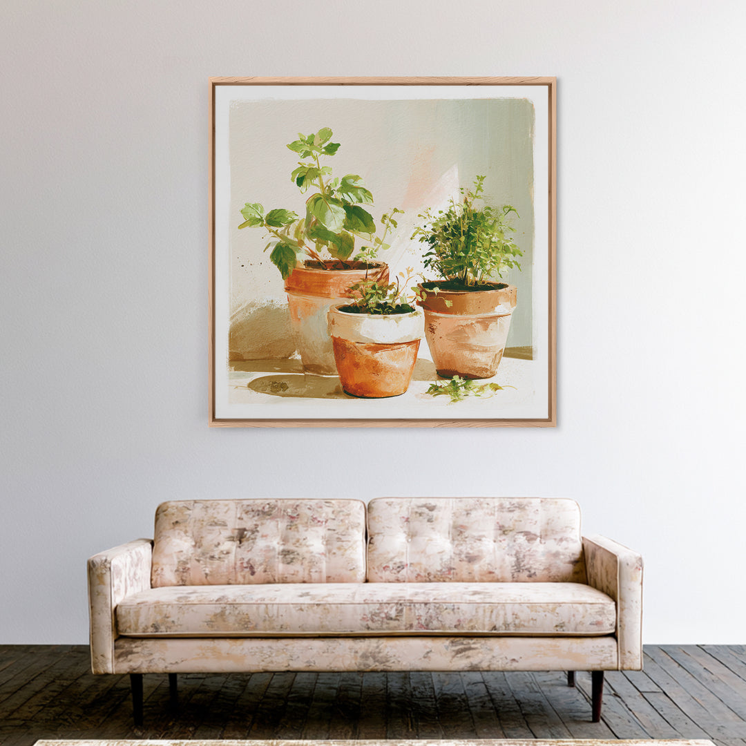 Modern Kitchen Herbs Framed Canvas Print, Dining Room Art, Food Art, Dining Room Decor, Abstract Art, Dining, Textured Painting, DRA-1x1-57