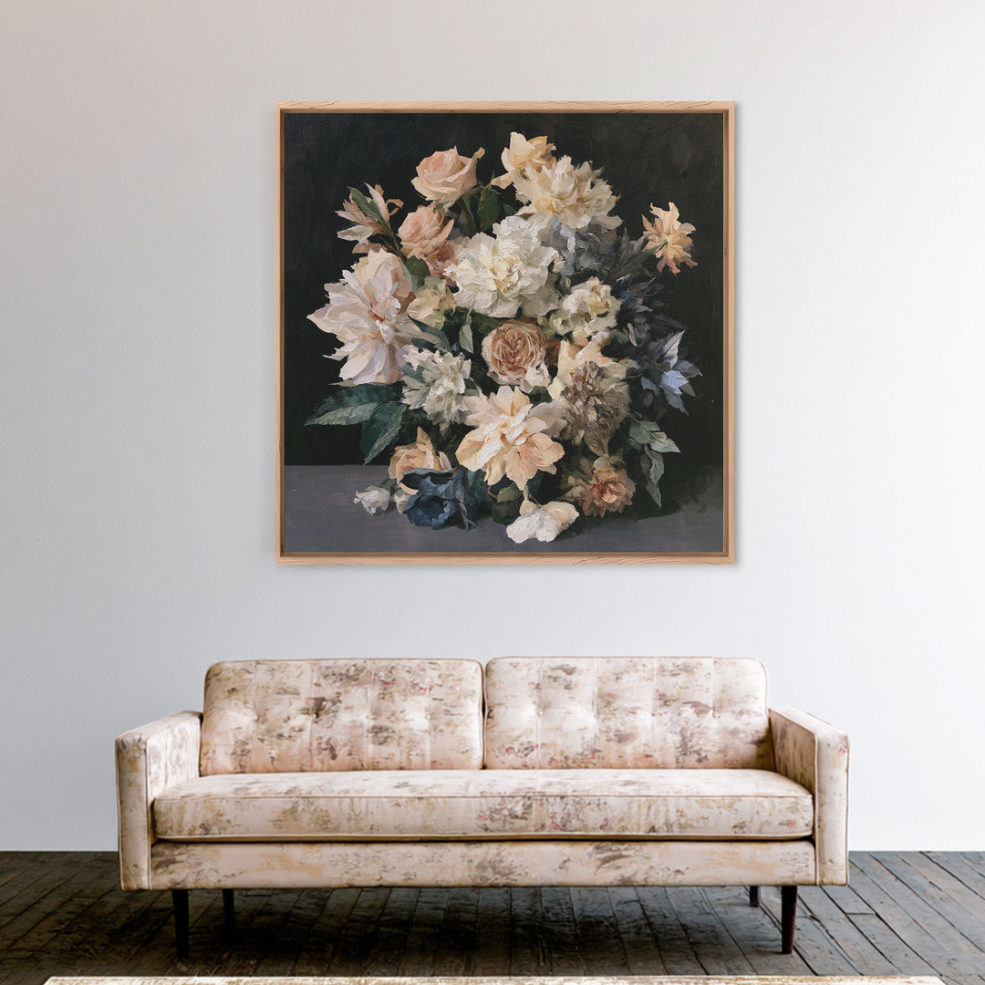 Moody Dark Background Bouquet for Formal Dining Canvas Print, Dining Room Art, Kitchen Prints, Dining Room Decor, Dining, DRA-1x1-59