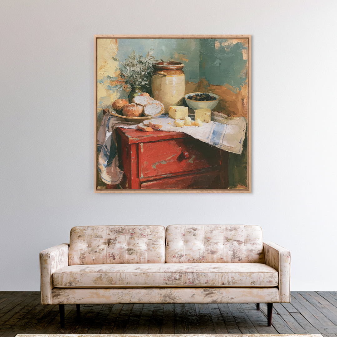 Rustic Bread Olives and Cheese Still Life Canvas Print, Dining Room Art, Living Room Decor, Dining Room Decor, Dining, DRA-1x1-6